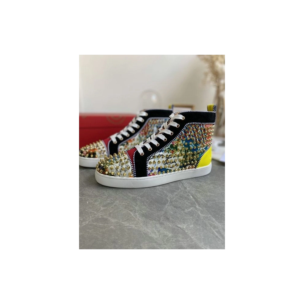 Cheap Christian Louboutin Louis Orlato Spikes High-top Sneakers Velvet and Leather Multicolor for Sale
