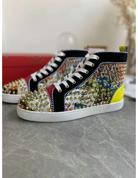 Cheap Christian Louboutin Louis Orlato Spikes High-top Sneakers Velvet and Leather Multicolor for Sale