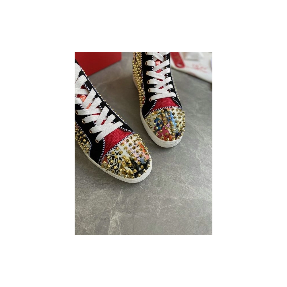 Cheap Christian Louboutin Louis Orlato Spikes High-top Sneakers Velvet and Leather Multicolor for Sale