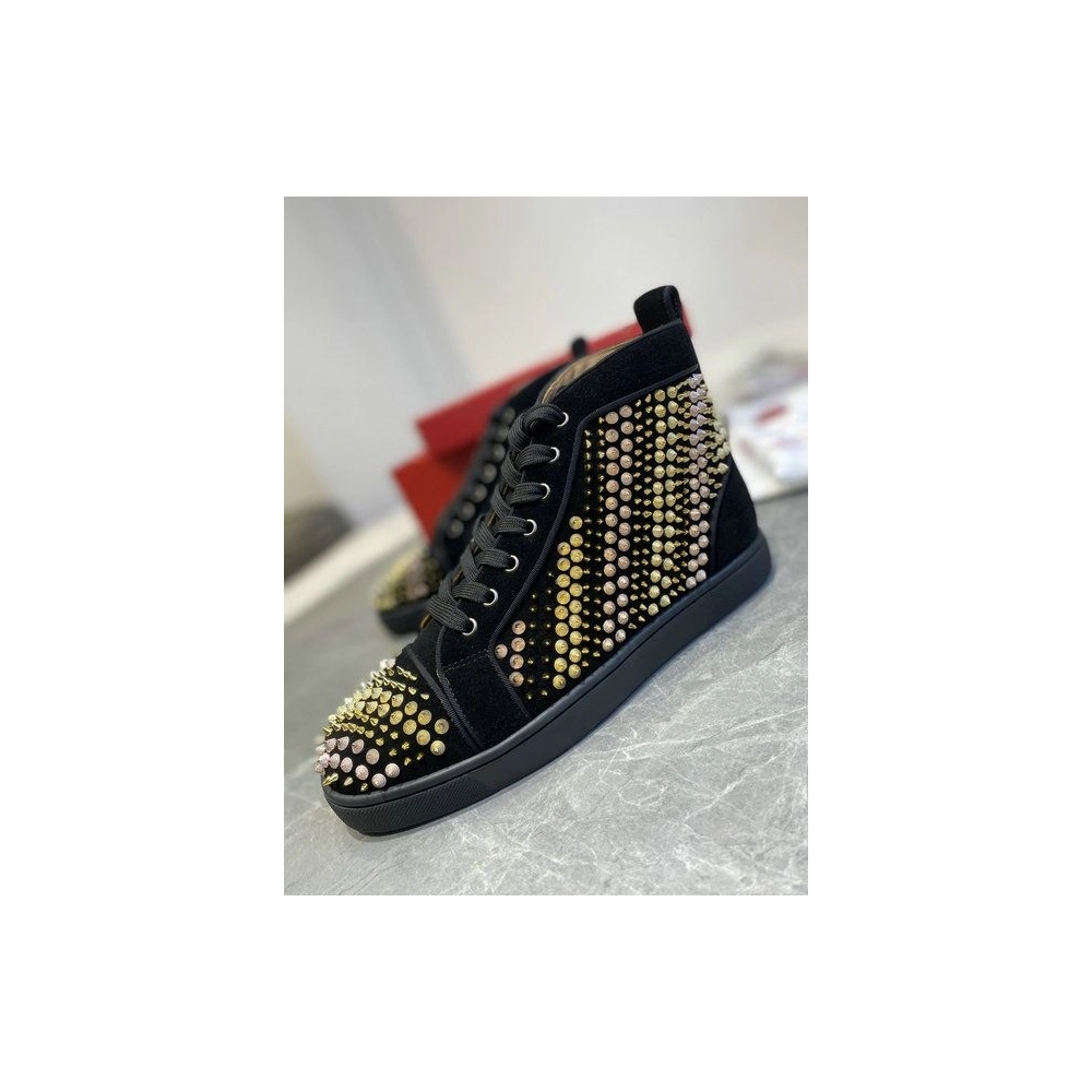 Replica Christian Louboutin Galvalouis Spikes Suede High-Top Sneakers Black