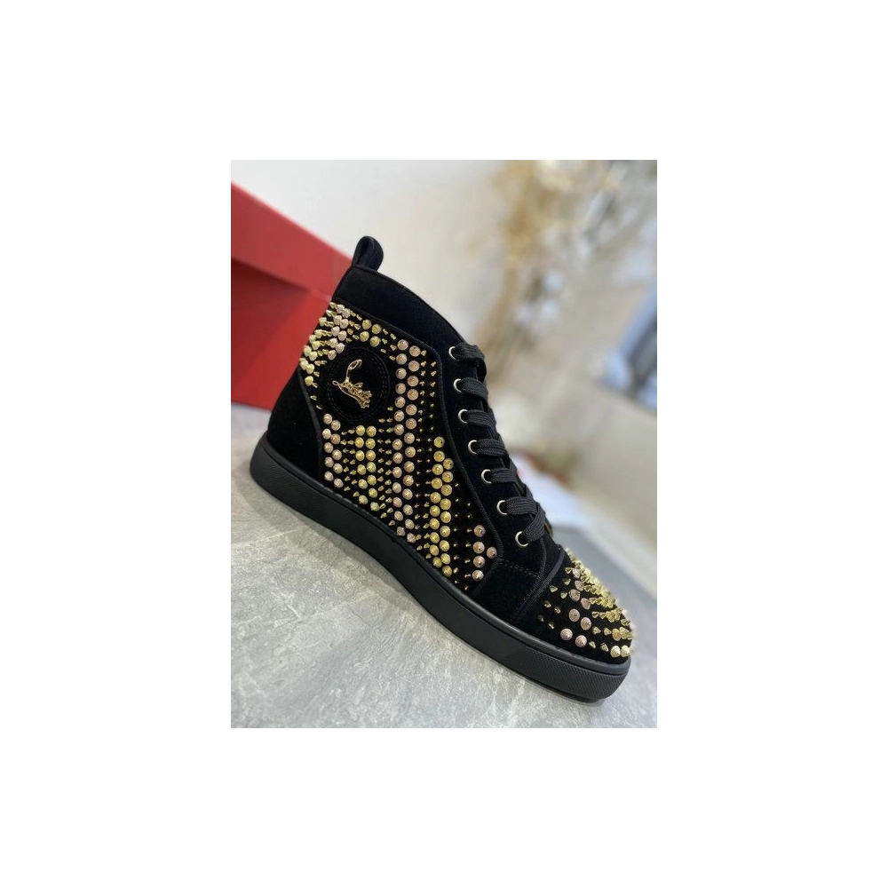 Replica Christian Louboutin Galvalouis Spikes Suede High-Top Sneakers Black