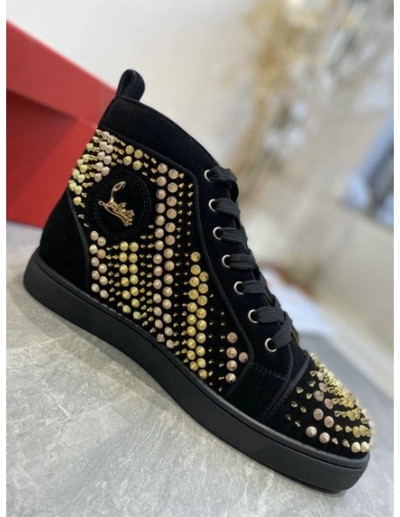 Replica Christian Louboutin Galvalouis Spikes Suede High-Top Sneakers Black