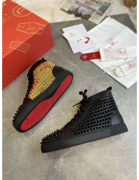 Cheap Christian Louboutin Louis Laminato Dino High-top Sneakers Calfskin Black Gold for Sale