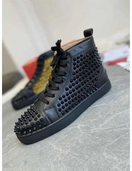 Cheap Christian Louboutin Louis Laminato Dino High-top Sneakers Calfskin Black Gold for Sale