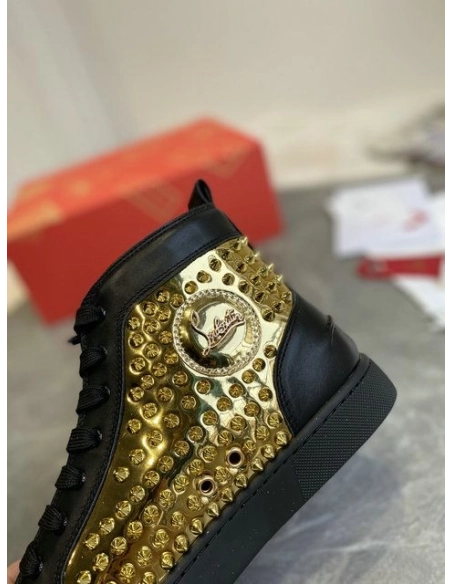 Cheap Christian Louboutin Louis Laminato Dino High-top Sneakers Calfskin Black Gold for Sale