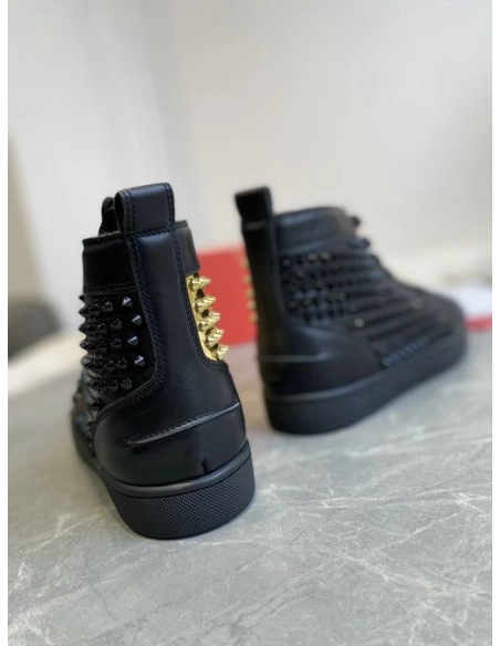 Cheap Christian Louboutin Louis Laminato Dino High-top Sneakers Calfskin Black Gold for Sale