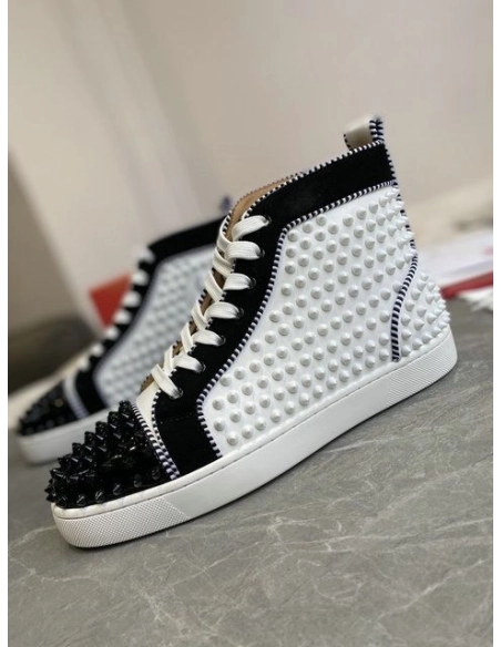 Fake Christian Louboutin Louis Spikes 2 High-Top Sneakers Suede and Calf Leather White Black