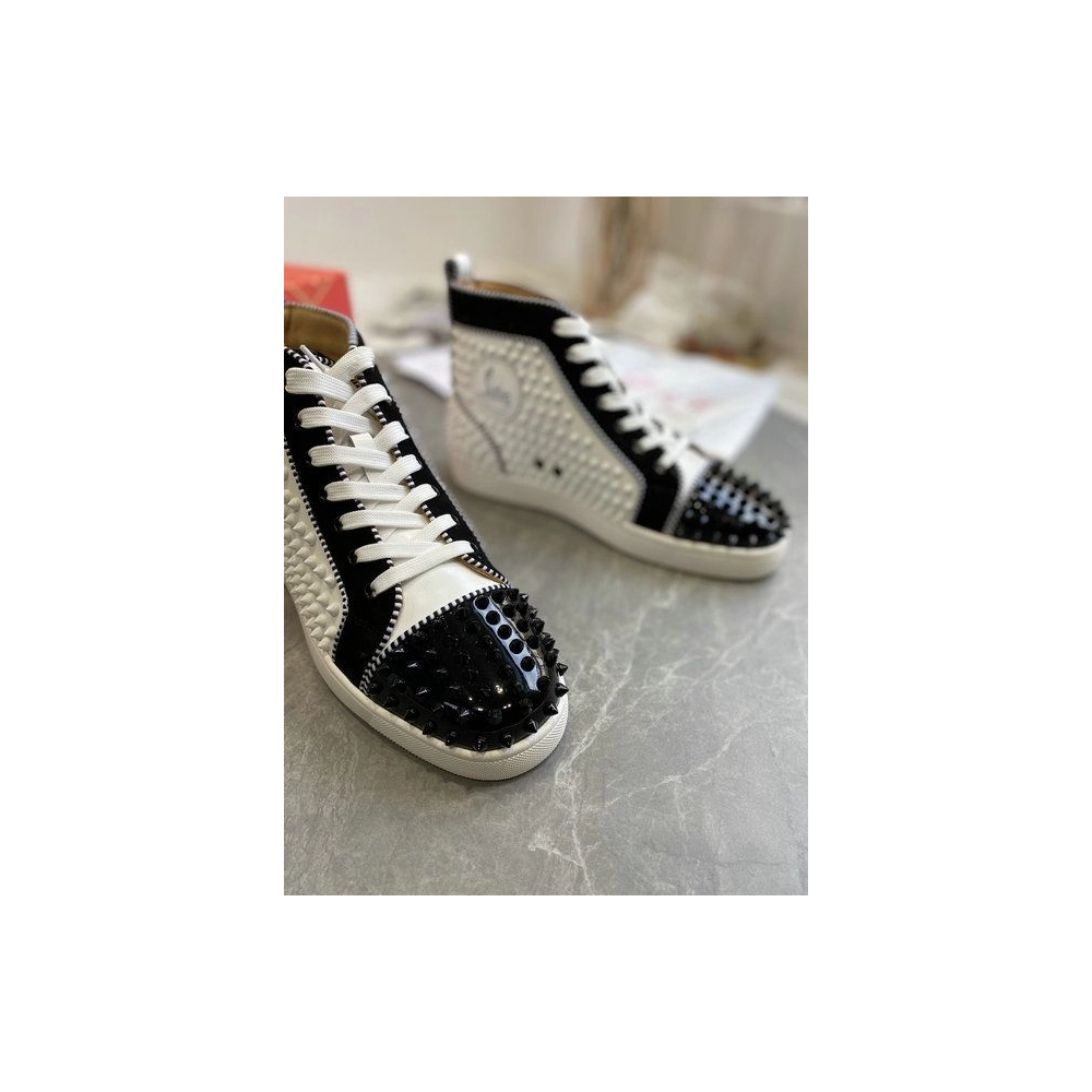 Fake Christian Louboutin Louis Spikes 2 High-Top Sneakers Suede and Calf Leather White Black