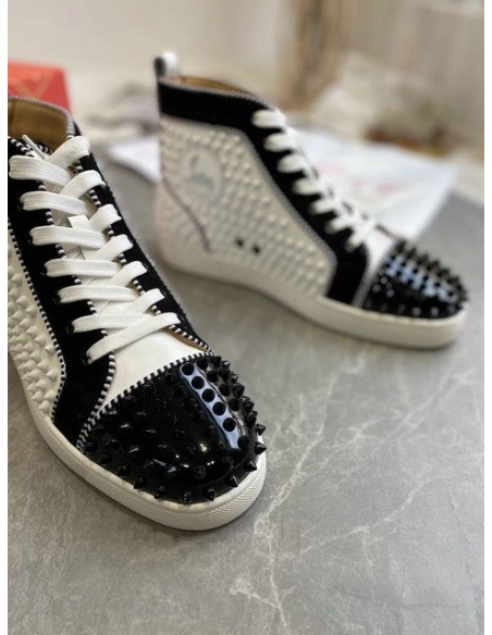 Fake Christian Louboutin Louis Spikes 2 High-Top Sneakers Suede and Calf Leather White Black