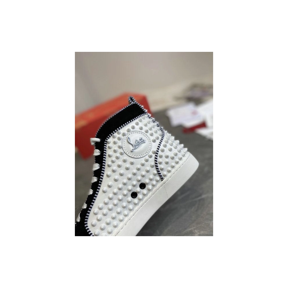 Fake Christian Louboutin Louis Spikes 2 High-Top Sneakers Suede and Calf Leather White Black