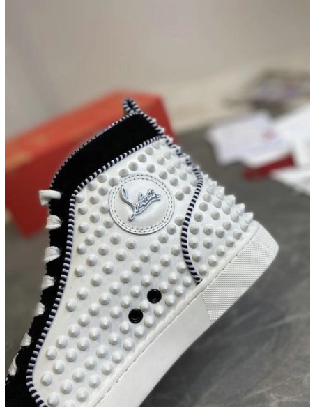 Fake Christian Louboutin Louis Spikes 2 High-Top Sneakers Suede and Calf Leather White Black
