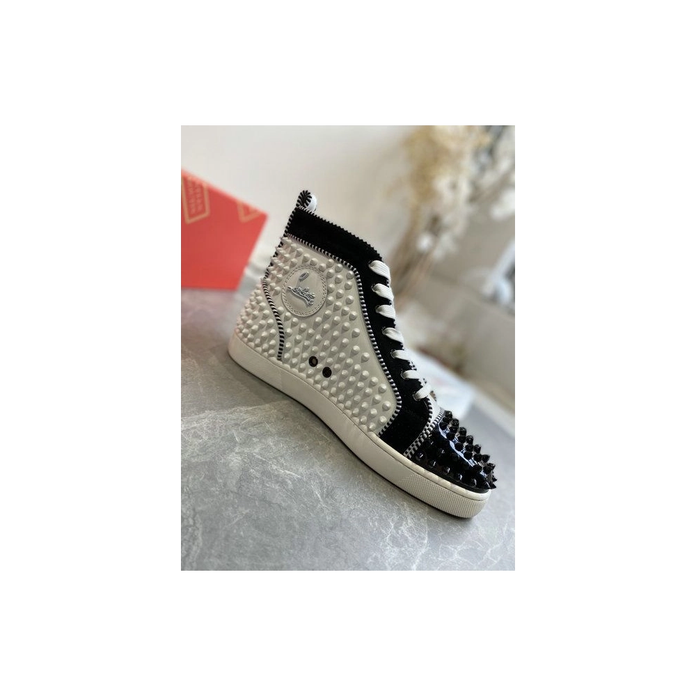 Fake Christian Louboutin Louis Spikes 2 High-Top Sneakers Suede and Calf Leather White Black