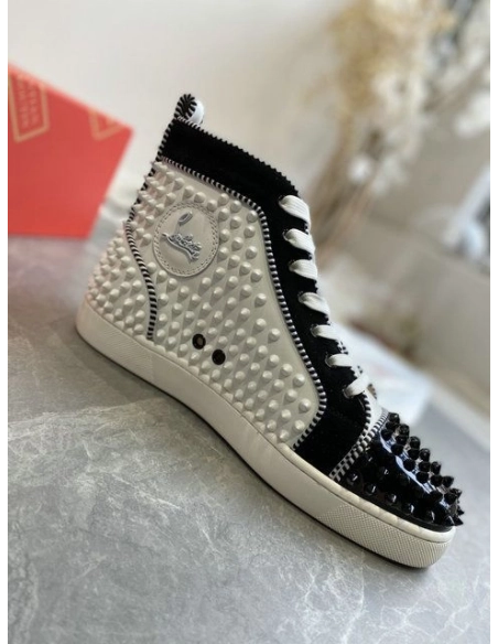 Fake Christian Louboutin Louis Spikes 2 High-Top Sneakers Suede and Calf Leather White Black