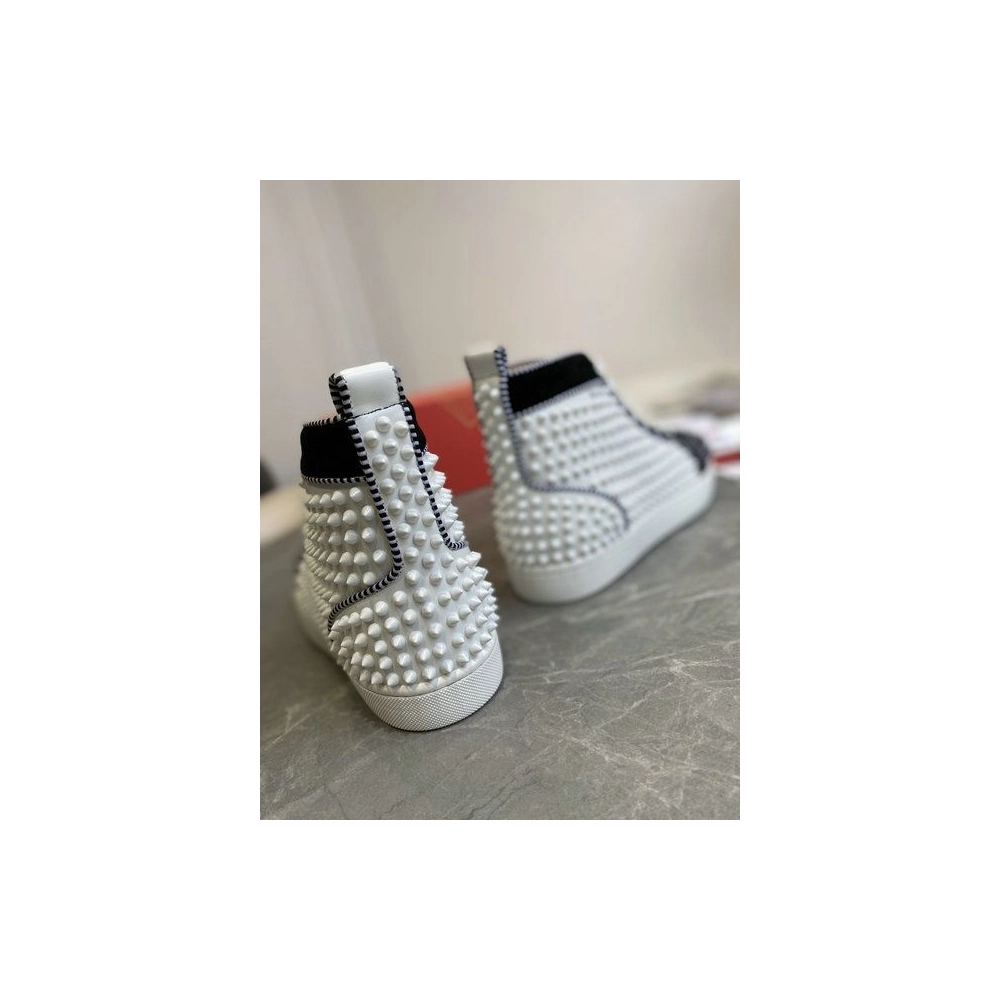 Fake Christian Louboutin Louis Spikes 2 High-Top Sneakers Suede and Calf Leather White Black