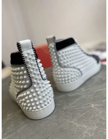 Fake Christian Louboutin Louis Spikes 2 High-Top Sneakers Suede and Calf Leather White Black
