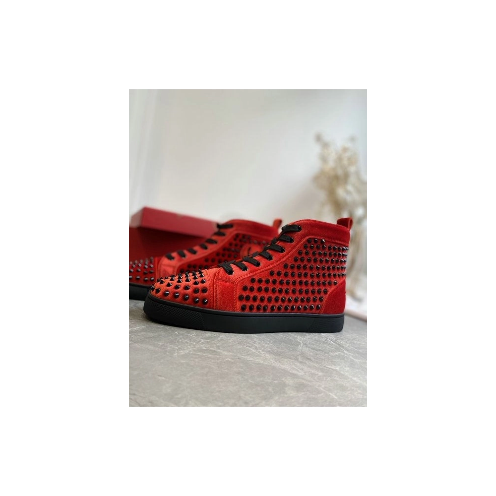 Discount Christian Louboutin Louis Orlato High-Top Sneakers Spikes Veau Velous Black Red Outlet Sale