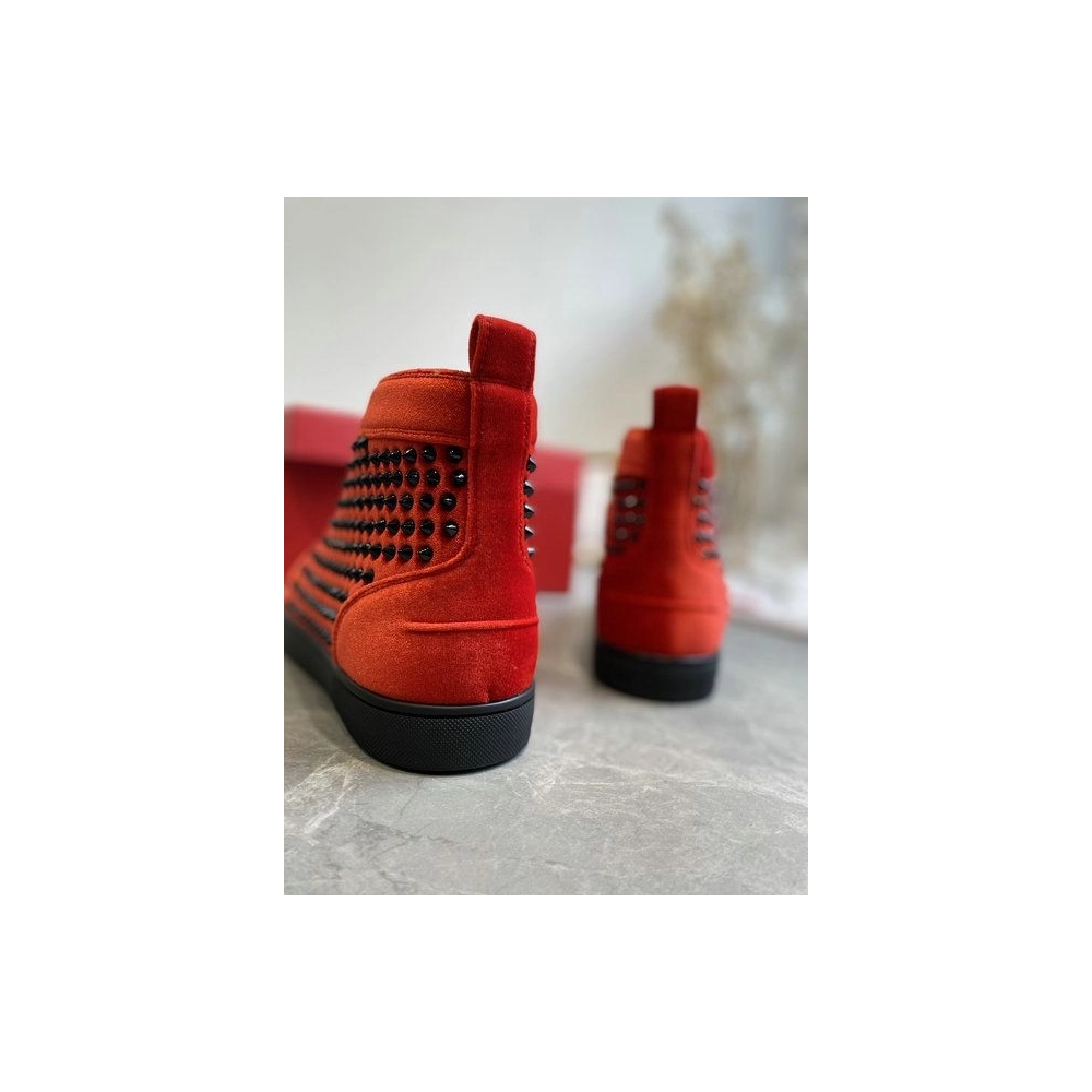 Discount Christian Louboutin Louis Orlato High-Top Sneakers Spikes Veau Velous Black Red Outlet Sale