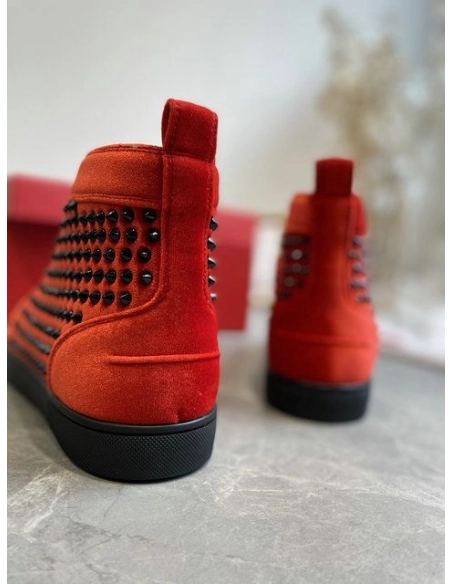 Discount Christian Louboutin Louis Orlato High-Top Sneakers Spikes Veau Velous Black Red Outlet Sale
