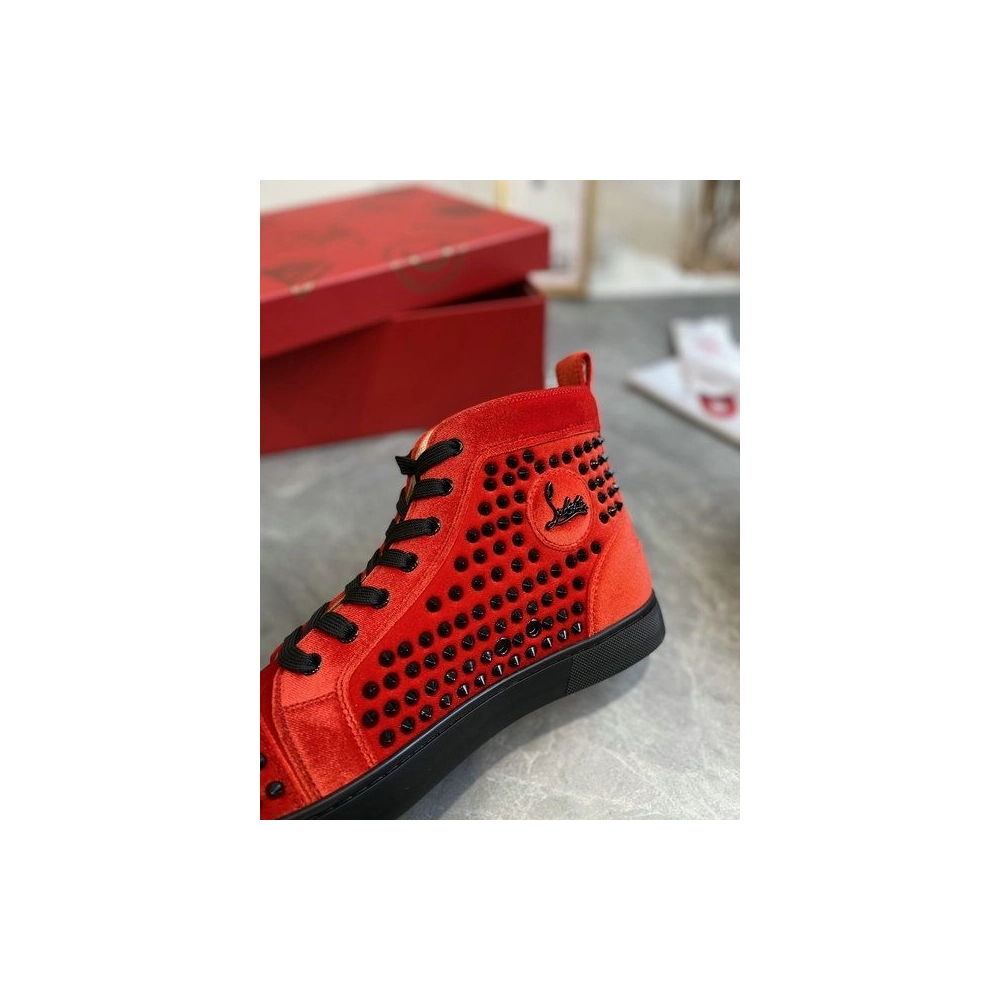 Discount Christian Louboutin Louis Orlato High-Top Sneakers Spikes Veau Velous Black Red Outlet Sale