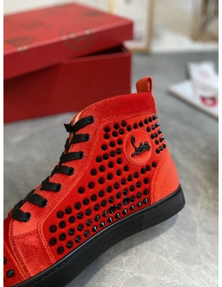 Discount Christian Louboutin Louis Orlato High-Top Sneakers Spikes Veau Velous Black Red Outlet Sale