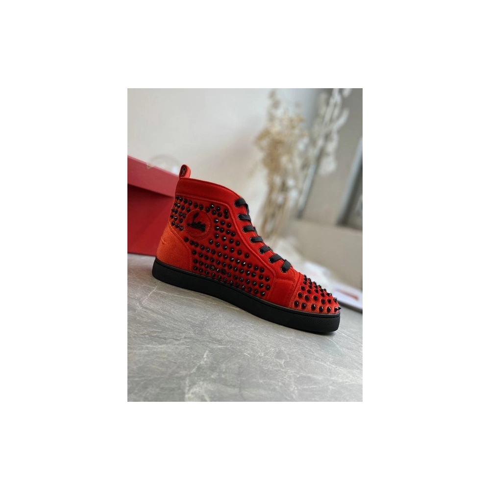 Discount Christian Louboutin Louis Orlato High-Top Sneakers Spikes Veau Velous Black Red Outlet Sale