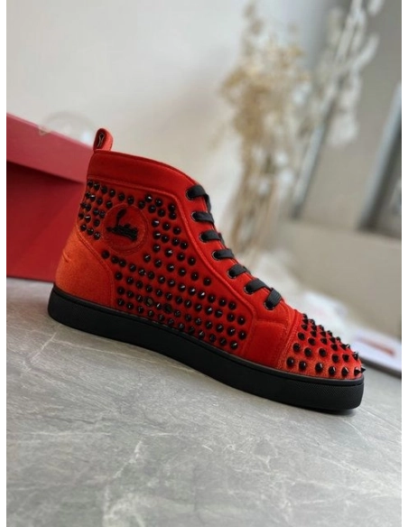 Discount Christian Louboutin Louis Orlato High-Top Sneakers Spikes Veau Velous Black Red Outlet Sale