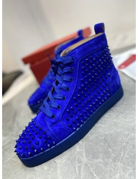 Knockoff Christian Louboutin Louis Spikes High-Top Sneakers Veau Velous Klein Blue