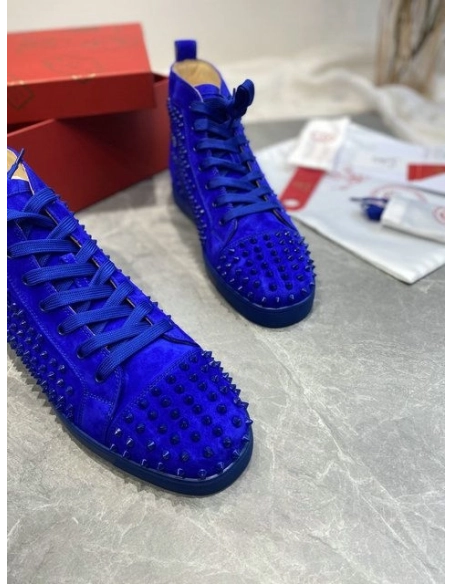 Knockoff Christian Louboutin Louis Spikes High-Top Sneakers Veau Velous Klein Blue