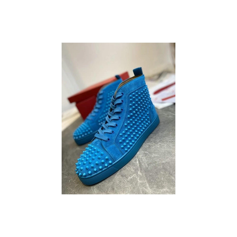 Fake Christian Louboutin Louis Spikes High-Top Sneakers Veau Velous Blue, Knockoff CL Shoes