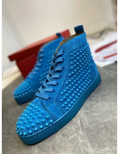 Fake Christian Louboutin Louis Spikes High-Top Sneakers Veau Velous Blue, Knockoff CL Shoes