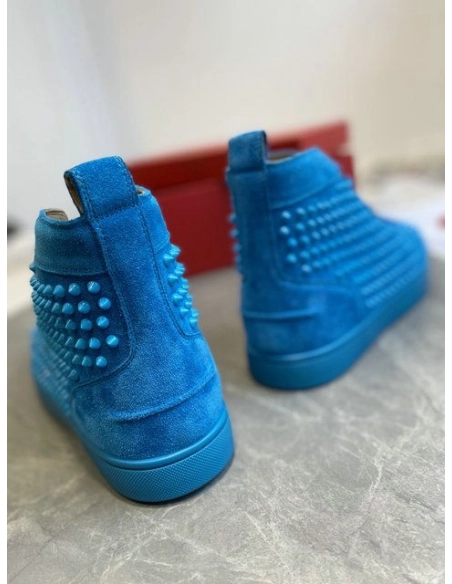 Fake Christian Louboutin Louis Spikes High-Top Sneakers Veau Velous Blue, Knockoff CL Shoes