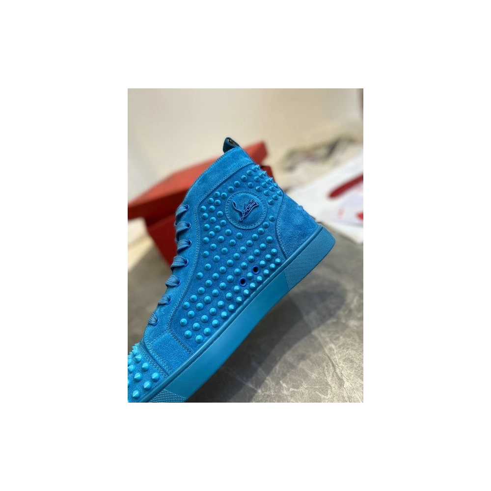 Fake Christian Louboutin Louis Spikes High-Top Sneakers Veau Velous Blue, Knockoff CL Shoes