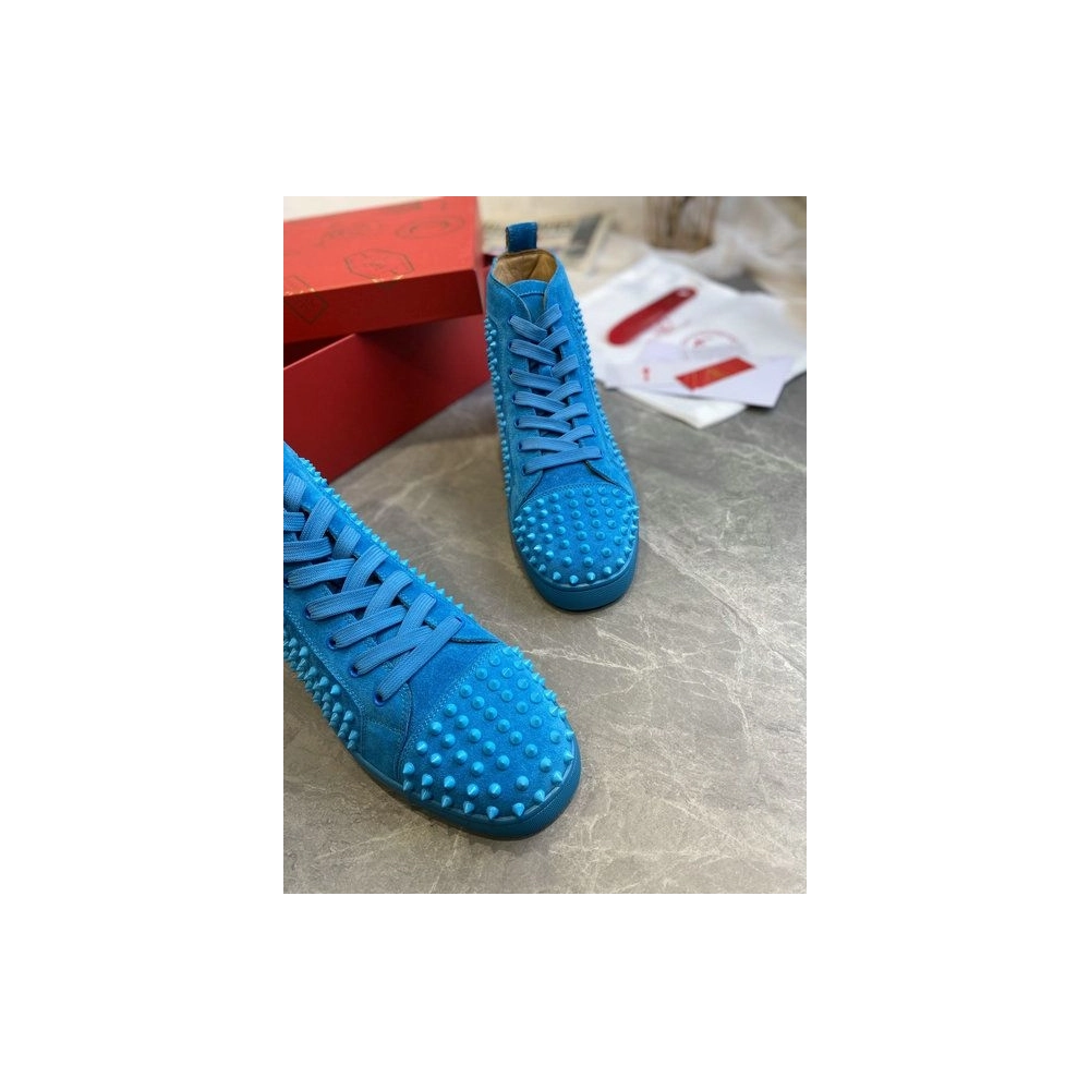 Fake Christian Louboutin Louis Spikes High-Top Sneakers Veau Velous Blue, Knockoff CL Shoes