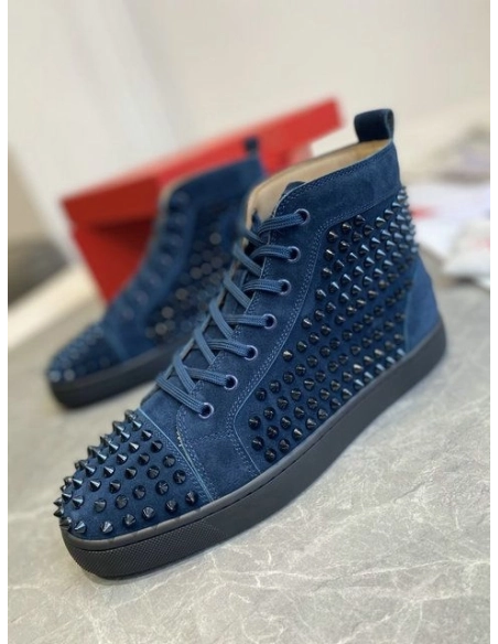 Discount Christian Louboutin Louis Spikes High-Top Sneakers Veau Velous Navy Blue Outlet Online