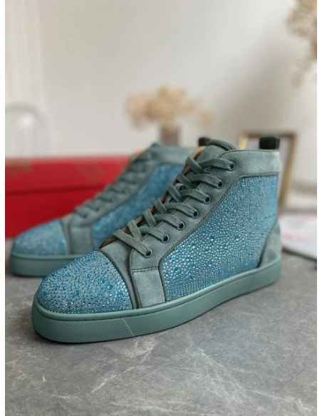 Replica Christian Louboutin Louis Strass High-Top Sneakers Veau Velous and Strass Blue