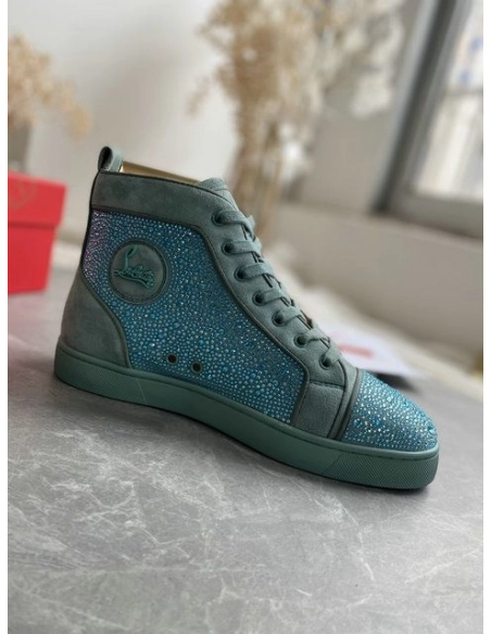 Replica Christian Louboutin Louis Strass High-Top Sneakers Veau Velous and Strass Blue