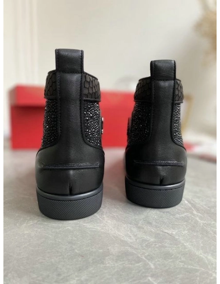 Replica Christian Louboutin Louis Strass High-Top Sneakers Black Leather and Strass