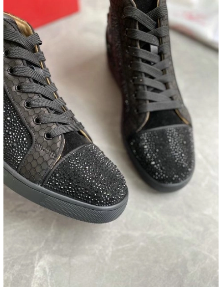 Replica Christian Louboutin Louis Strass High-Top Sneakers Black Leather and Strass