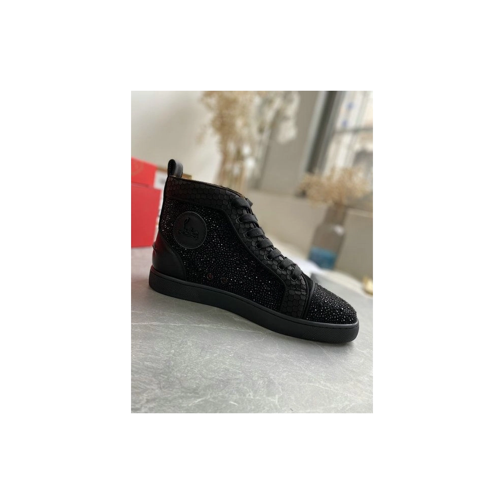 Replica Christian Louboutin Louis Strass High-Top Sneakers Black Leather and Strass