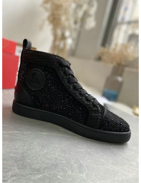 Replica Christian Louboutin Louis Strass High-Top Sneakers Black Leather and Strass