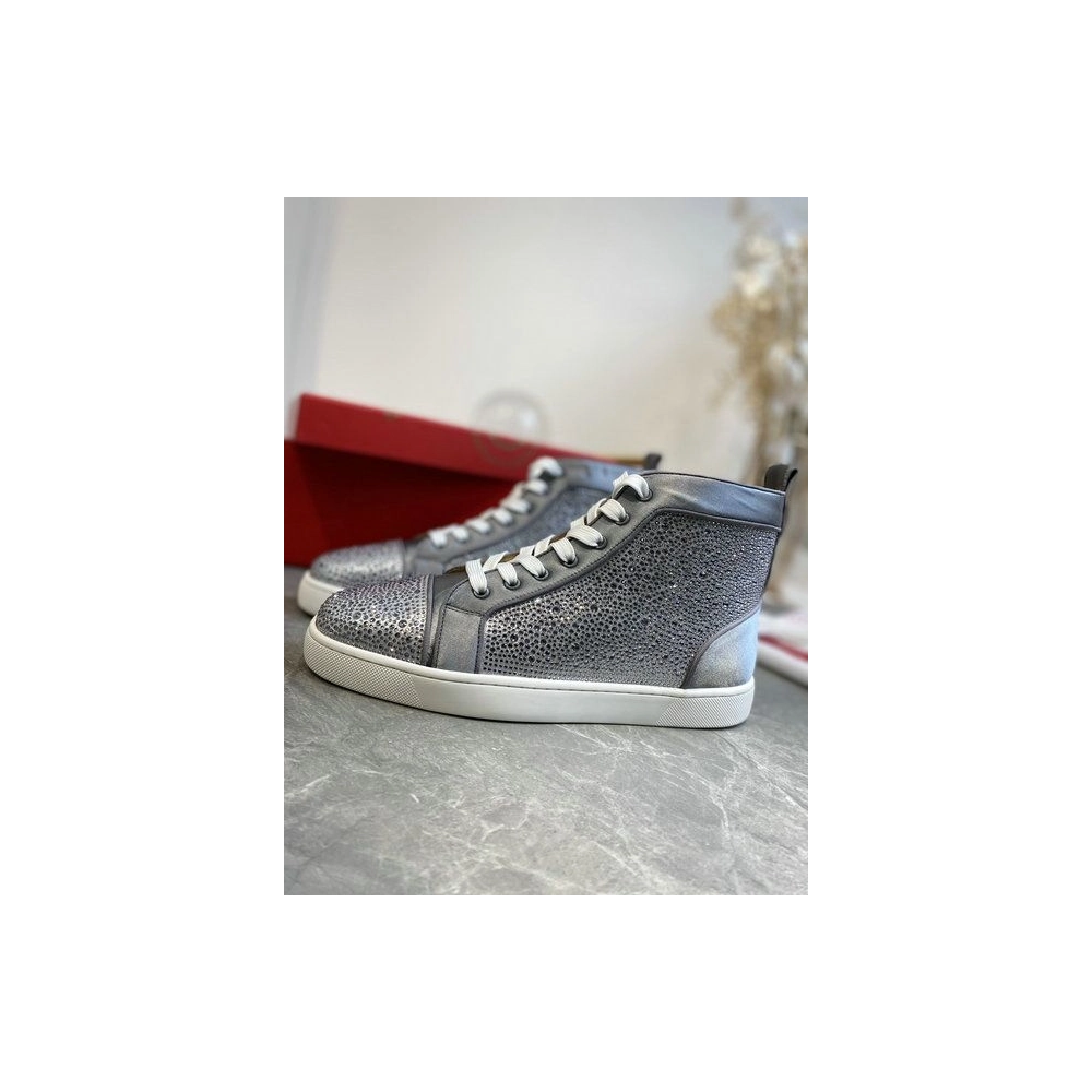 Knockoff Christian Louboutin Louis Strass High-Top Sneakers Leather and Strass Gray