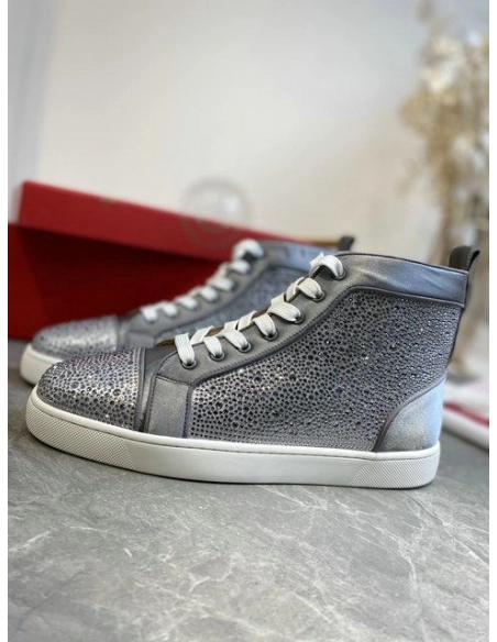 Knockoff Christian Louboutin Louis Strass High-Top Sneakers Leather and Strass Gray