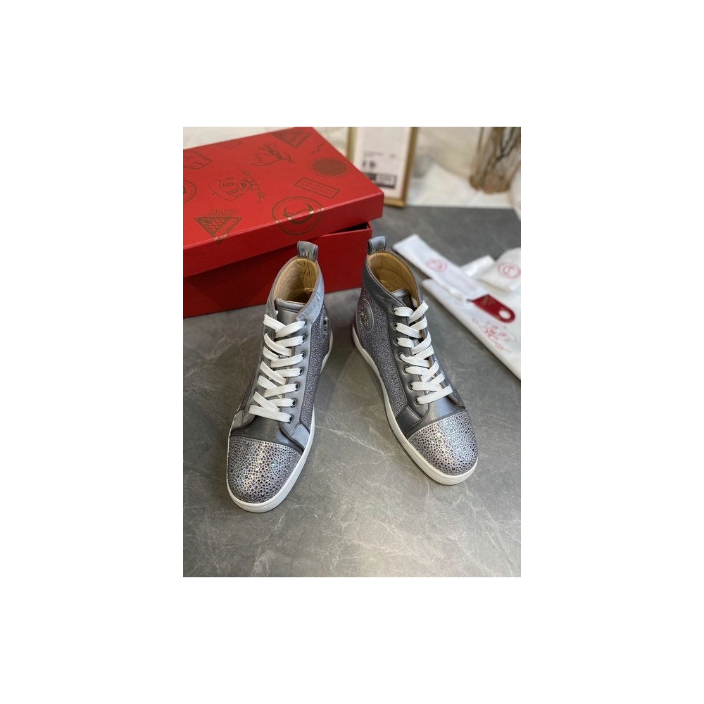 Knockoff Christian Louboutin Louis Strass High-Top Sneakers Leather and Strass Gray