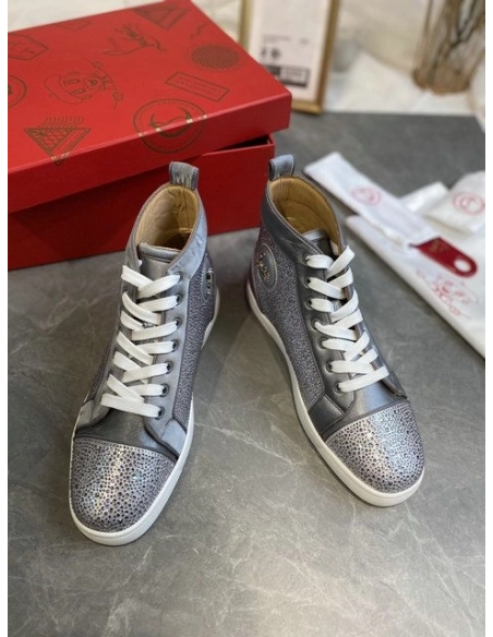Knockoff Christian Louboutin Louis Strass High-Top Sneakers Leather and Strass Gray