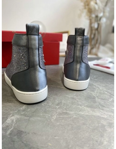 Knockoff Christian Louboutin Louis Strass High-Top Sneakers Leather and Strass Gray