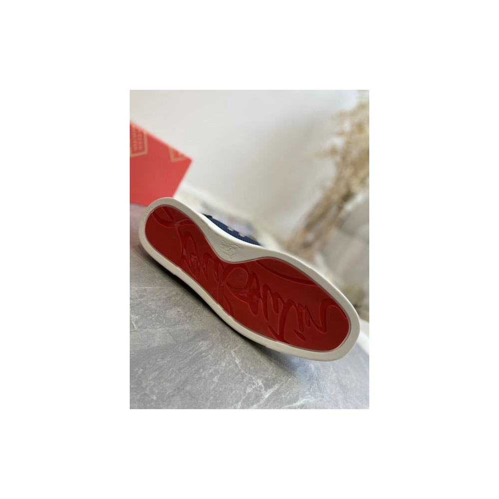 Cheap Christian Louboutin Louis High-Top Sneakers Calf Leather and Velvet Black Blue for Sale