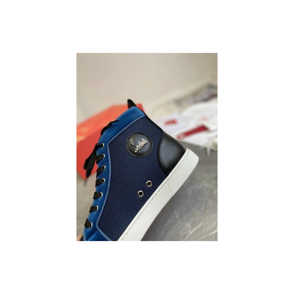 Cheap Christian Louboutin Louis High-Top Sneakers Calf Leather and Velvet Black Blue for Sale