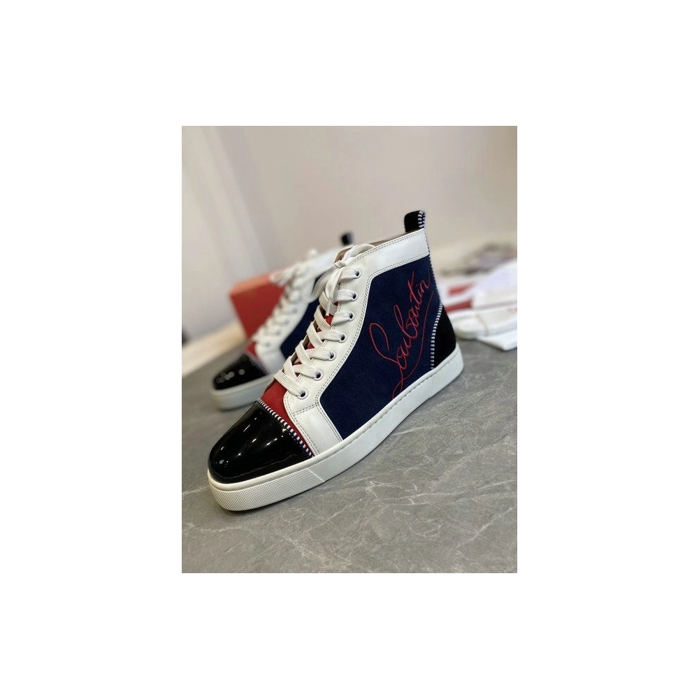 Fake Christian Louboutin Louis Flat High-Top Sneakers Patent Suede Leather Blue Black