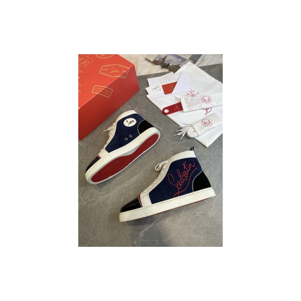 Fake Christian Louboutin Louis Flat High-Top Sneakers Patent Suede Leather Blue Black