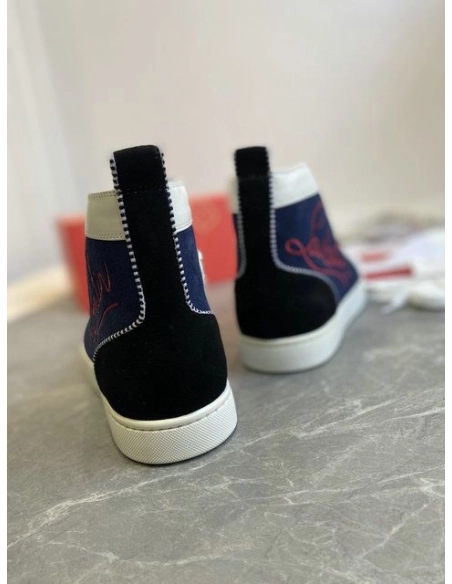 Fake Christian Louboutin Louis Flat High-Top Sneakers Patent Suede Leather Blue Black